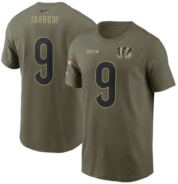 Men's Cincinnati Bengals #9 Joe Burrow 2021 Olive Salute To Service Legend Performance T-Shirt